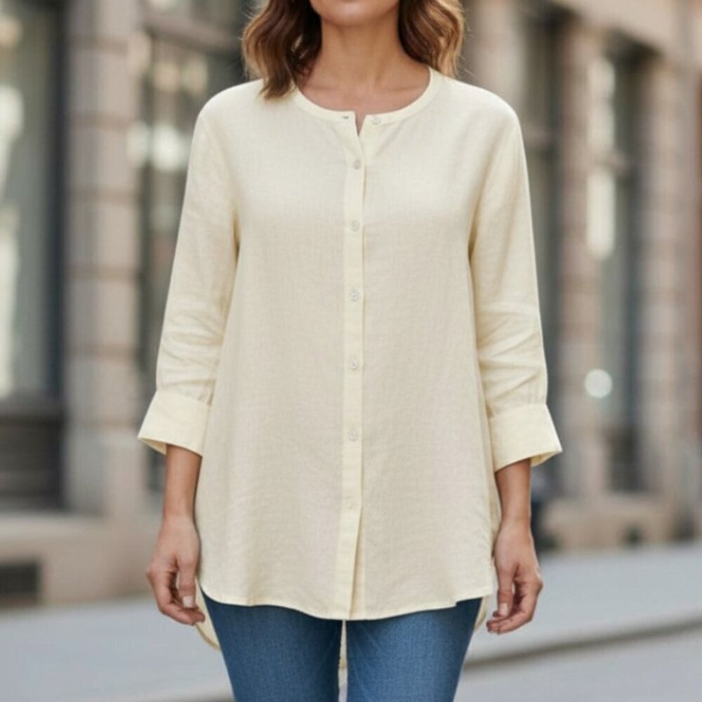 Flax Soften Linen Cream Boho Front Button Style Tunic, Size Medium